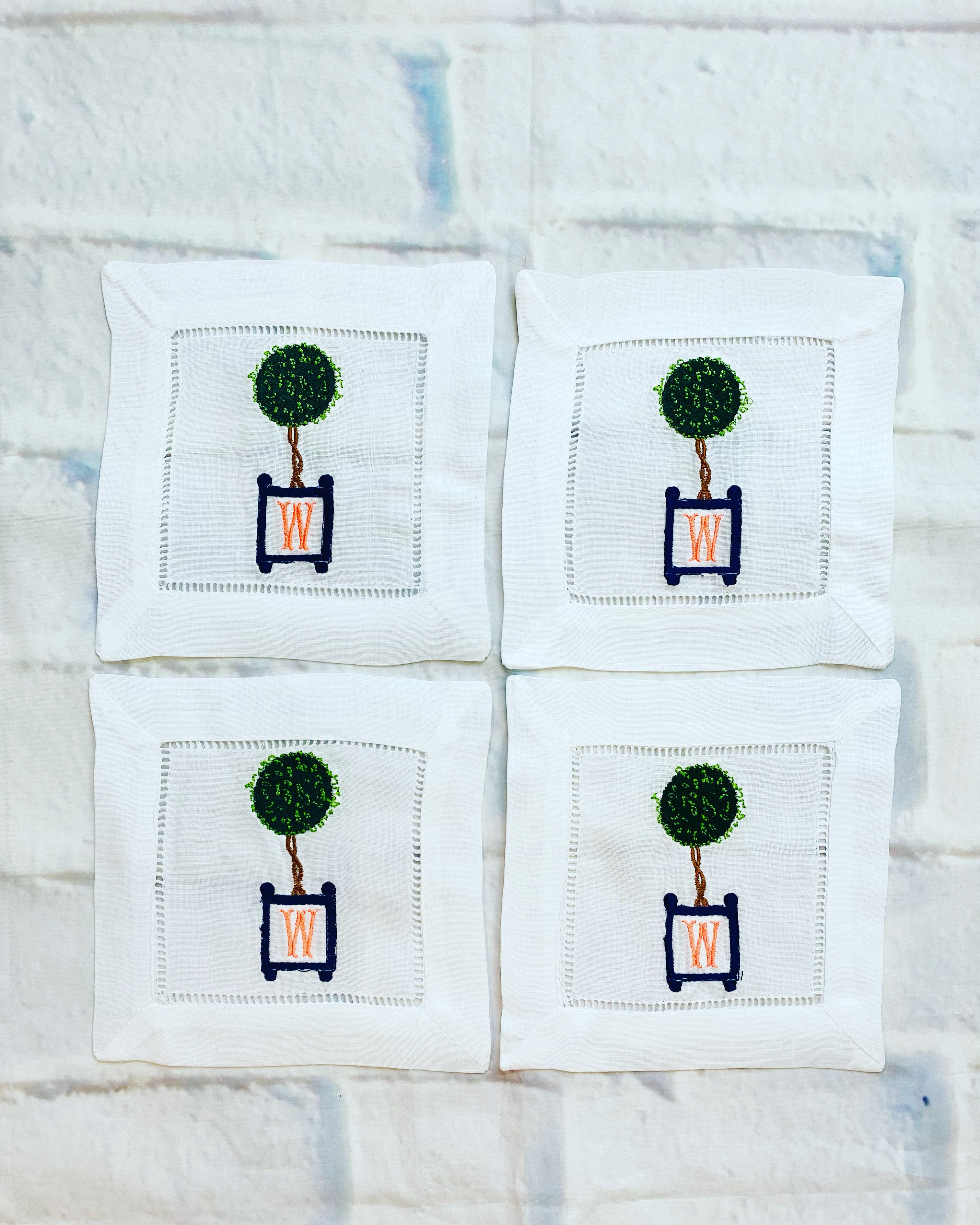 Set of 4 White Hemstitch Cocktail Napkins