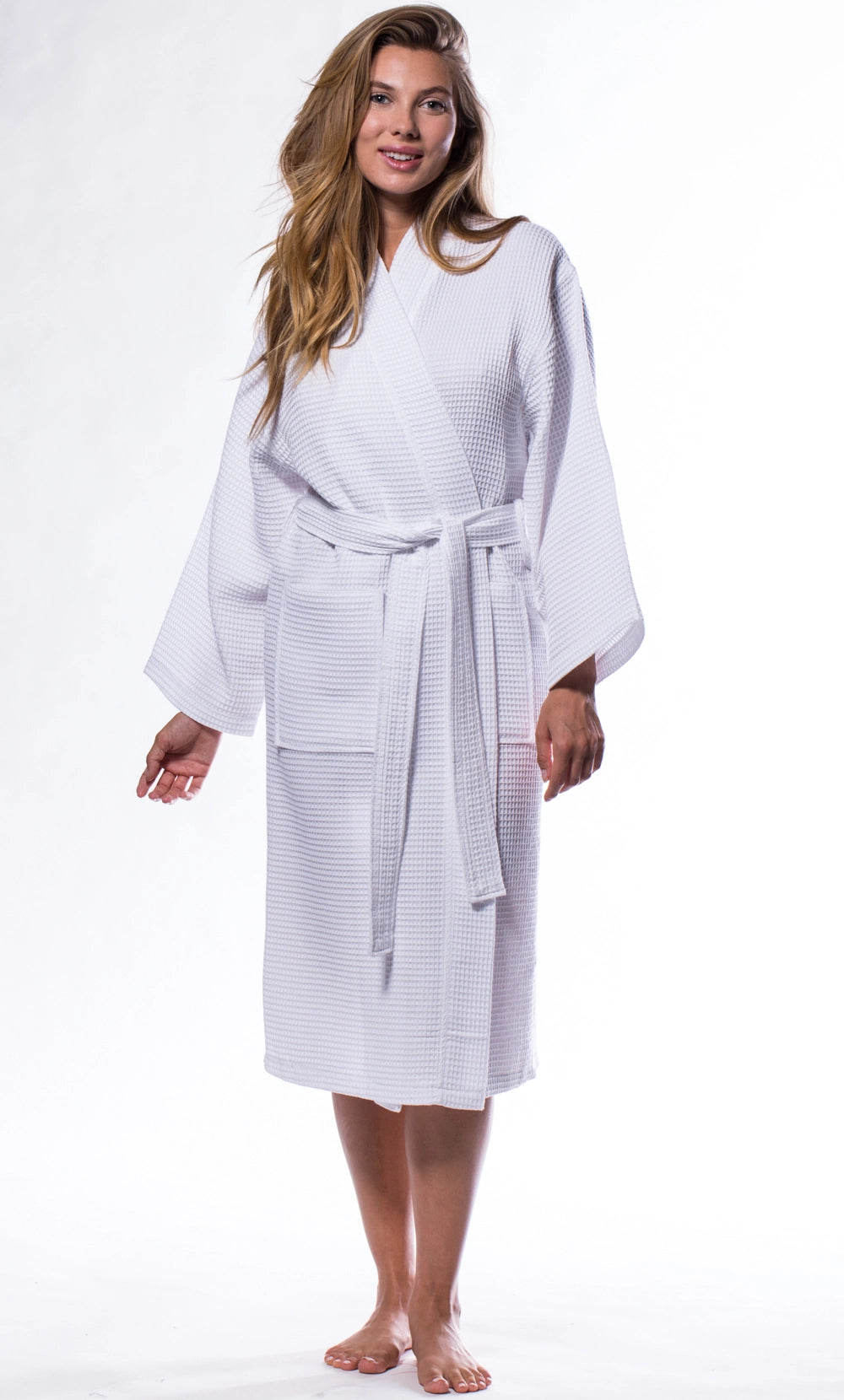 White Cotton Waffle Kimono Long Robe with Optional Monogram