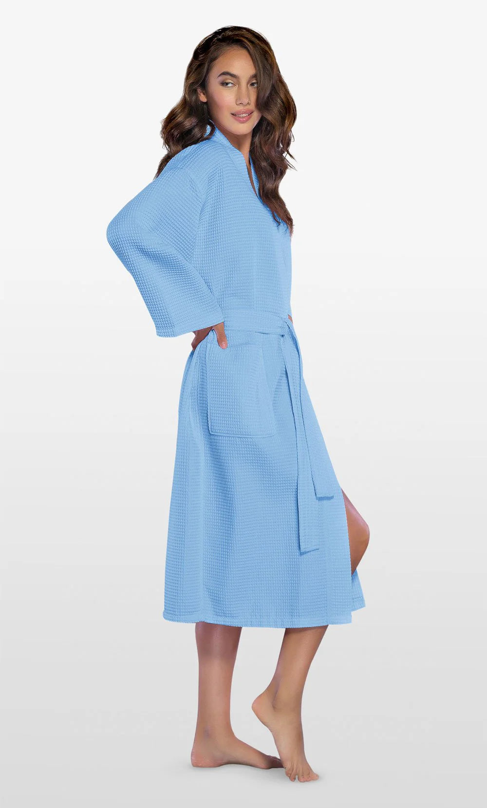 Serenity Blue Cotton Waffle Kimono Long Robe with Optional Monogram