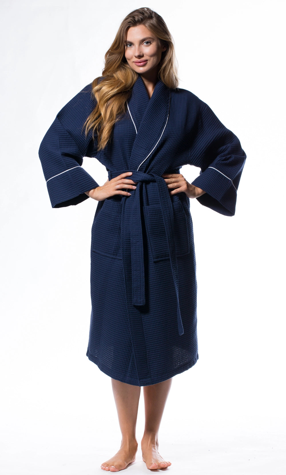 Adult Navy Waffle Long Shawl Robe with White Piping