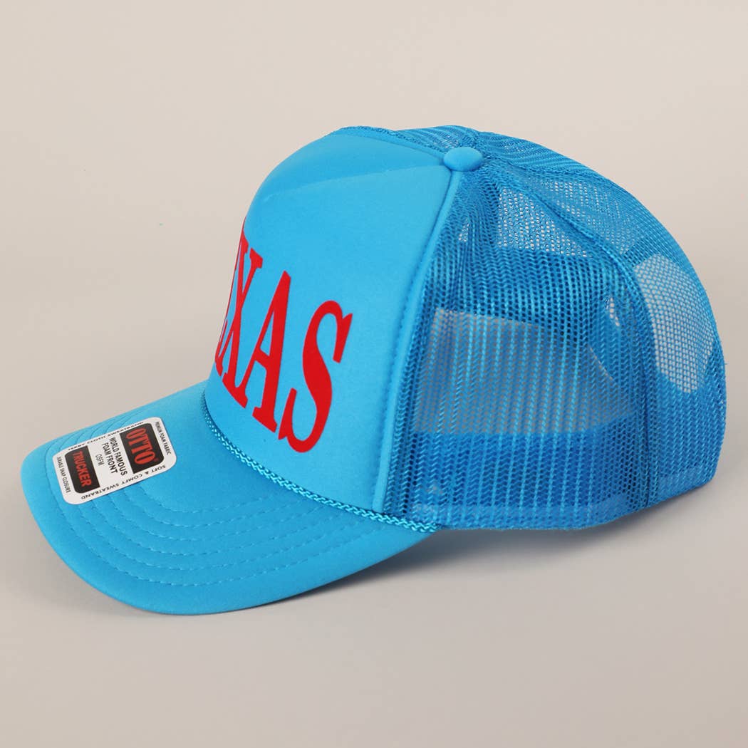 Light Blue TEXAS Printed in Red Mesh Back Foam Trucker Hat