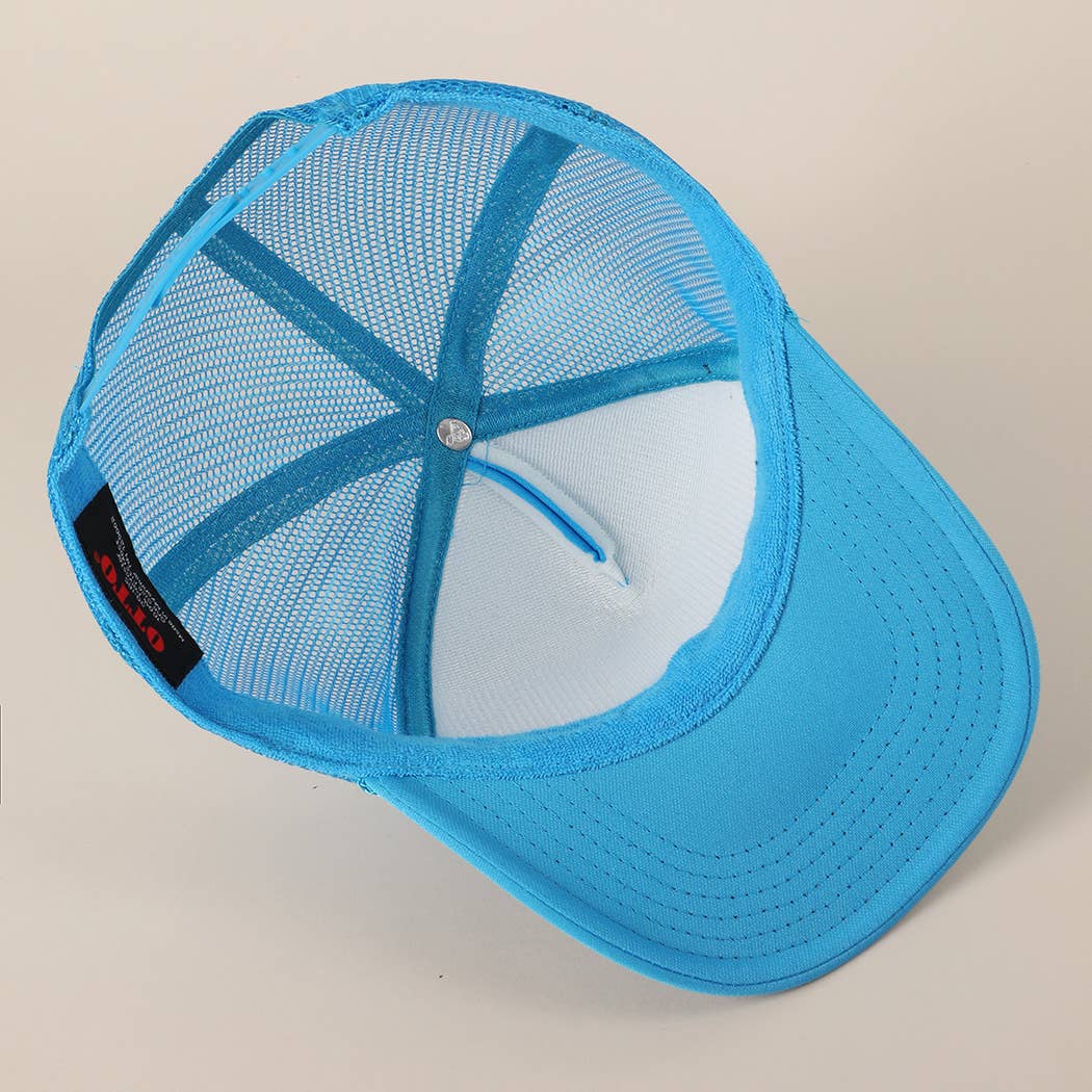 Light Blue TEXAS Printed in Red Mesh Back Foam Trucker Hat
