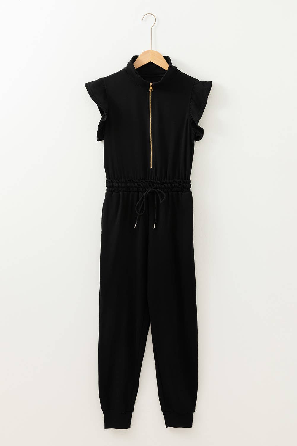Ladies Zipper Front Short Sleeve Drawstring High Waist Jumpsuit