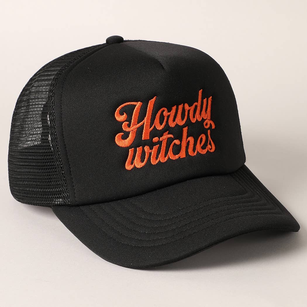 Howdy Witches Embroidered Mesh Back Trucker Hat in Black & Orange