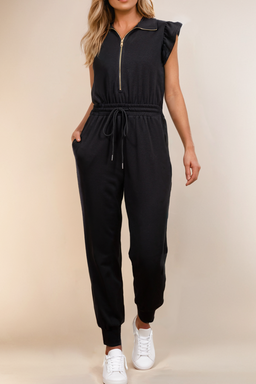 Ladies Zipper Front Short Sleeve Drawstring High Waist Jumpsuit